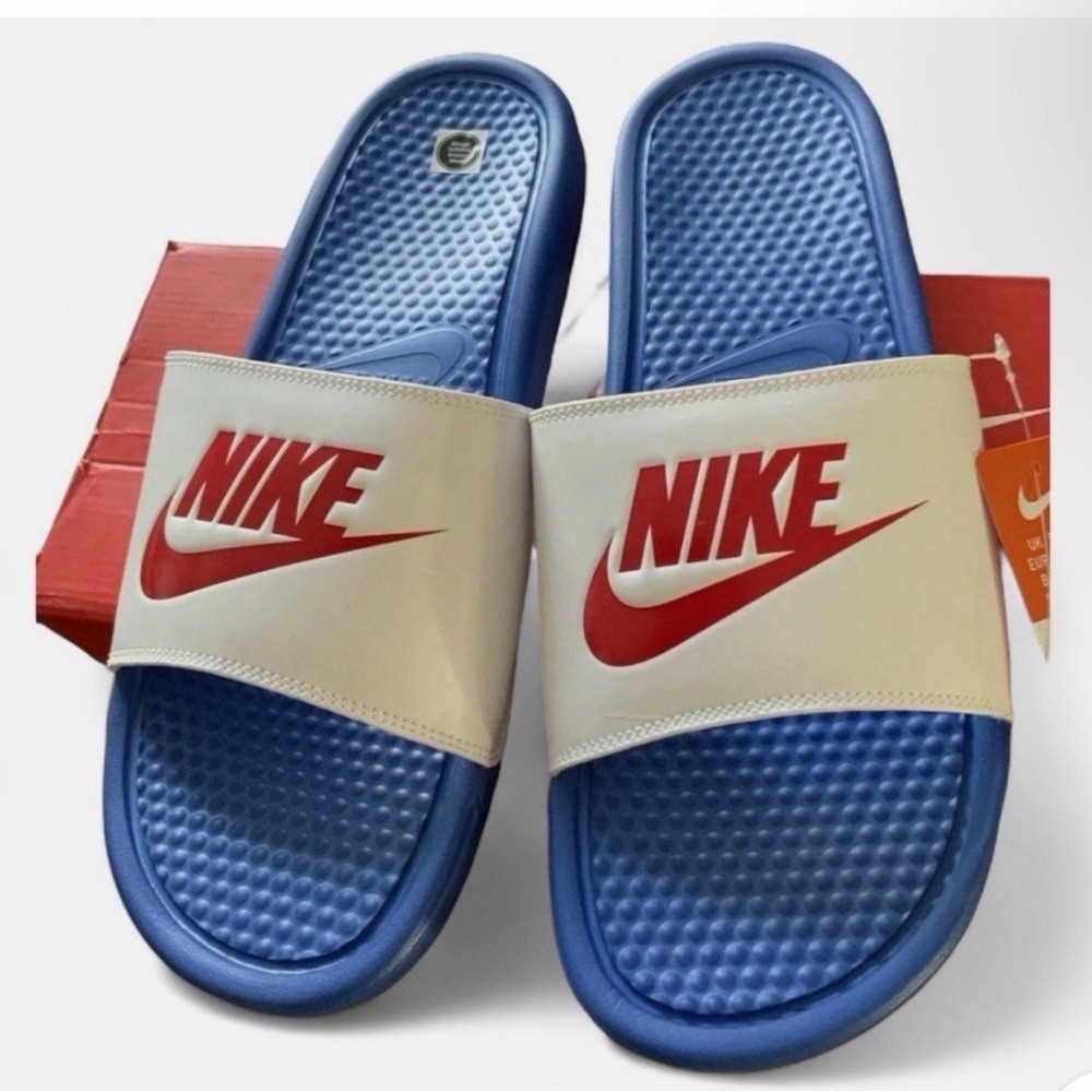 NWT NIKE Mens Benassi JDI Slide, Blue/Red/White Sizes: 7, 9, 10, 11 & 13